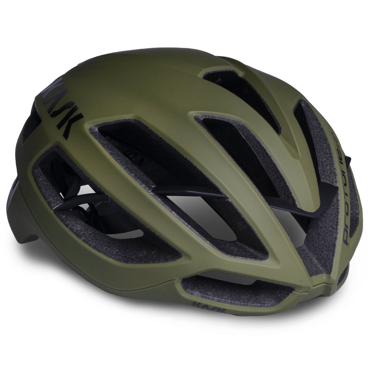 Cykelhjelm fra Kask. modellen er Protone Icon i mat oliven grøn med sort logo.